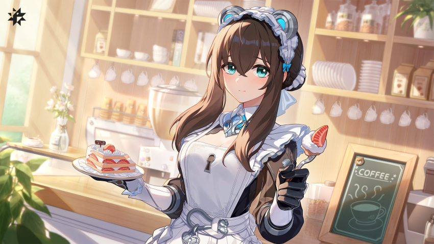 1girl animal_ears apron artist_request black_dress blue_eyes breasts brooch brown_hair cake cake_slice calabiyau cleavage cleavage_cutout closed_mouth clothing_cutout dress fake_animal_ears food fork hair_bun highres holding holding_fork indoors jewelry long_hair long_sleeves looking_at_viewer maid maid_apron maid_headdress medium_breasts official_alternate_costume official_art second-party_source sidelocks smile solo upper_body wing_collar yvette_(calabiyau)