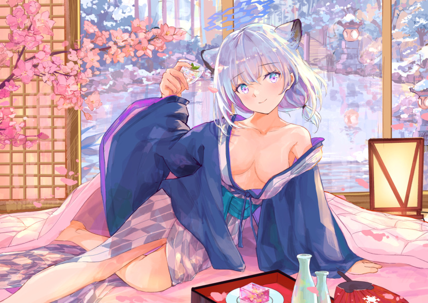 1girl animal_ears arm_support arm_up bath_yukata blue_archive blue_eyes blue_hair blue_kimono breasts closed_mouth collarbone forest_0 hair_between_eyes hand_fan japanese_clothes kimono light_blue_hair long_sleeves looking_at_viewer multicolored_eyes off_shoulder onsen pink_eyes purple_eyes shigure_(blue_archive) shigure_(hot_spring)_(blue_archive) short_hair smile solo tokkuri weasel_ears wide_sleeves yagasuri yukata