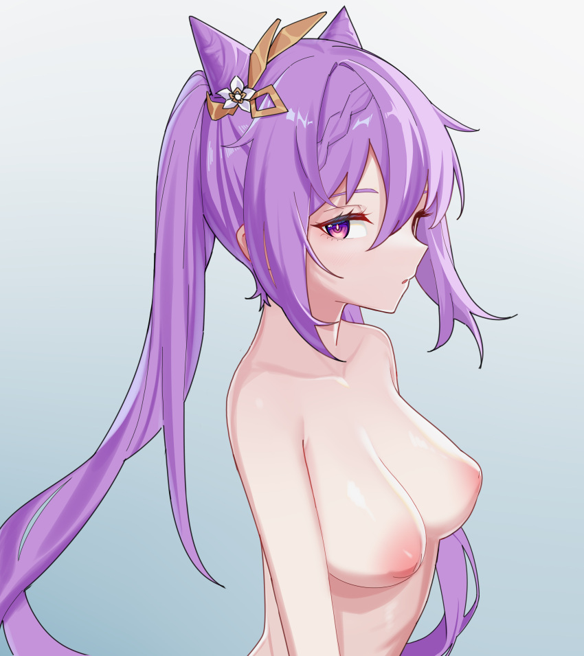 1girl absurdres balloon_79 breasts cleavage collarbone completely_nude cone_hair_bun double_bun from_side genshin_impact hair_bun hair_ears hair_ornament highres inverted_nipples keqing_(genshin_impact) long_hair looking_at_viewer medium_breasts nude purple_eyes purple_hair solo twintails upper_body