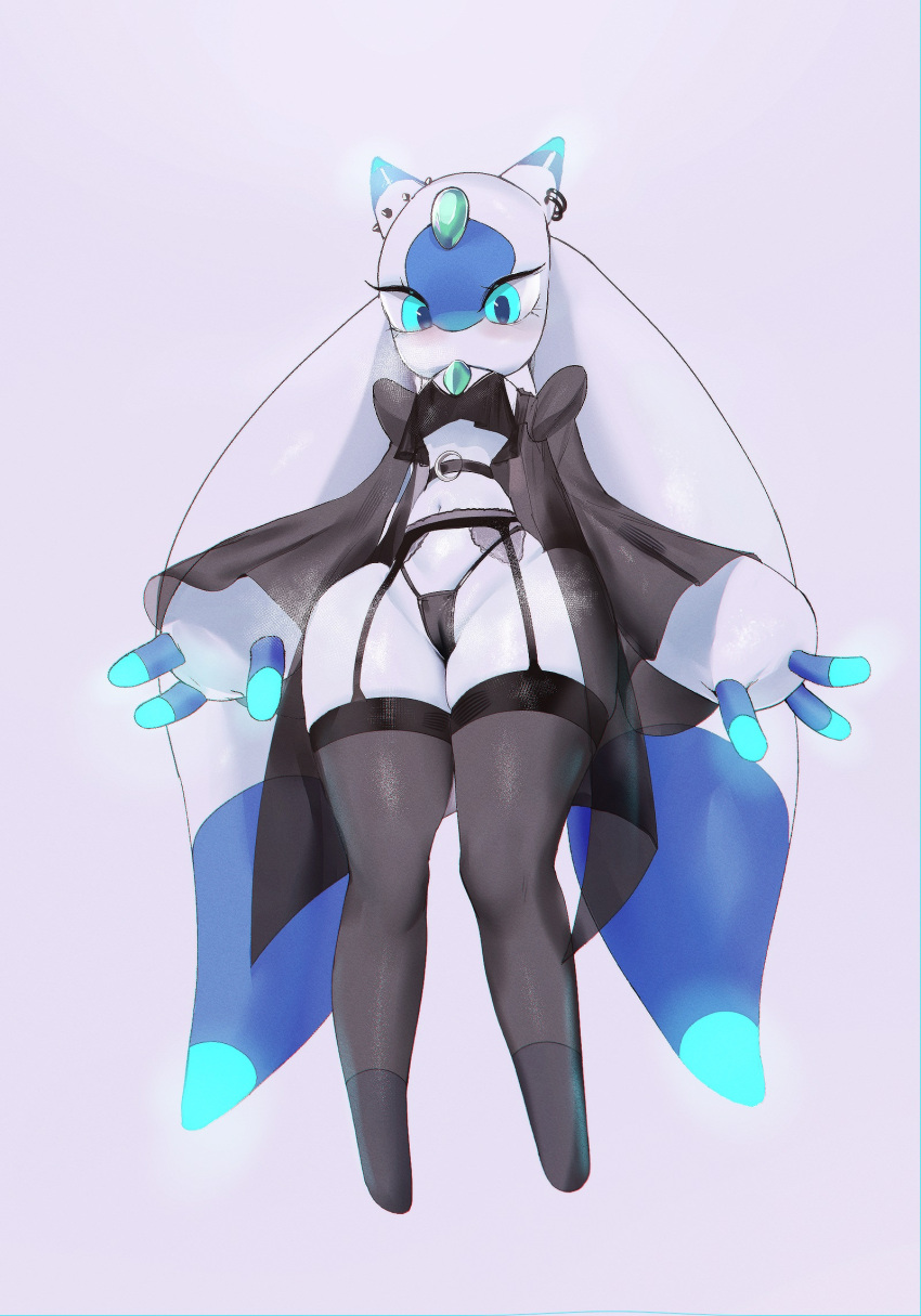 3_fingers blue_body blue_eyes camel_toe clothing ear_piercing female fingers garter_belt garter_straps grey_body hi_res humanoid legwear lingerie looking_at_viewer lunaris_(pal) multicolored_body pal_(species) palworld piercing solo solo_focus stockings unknown_artist