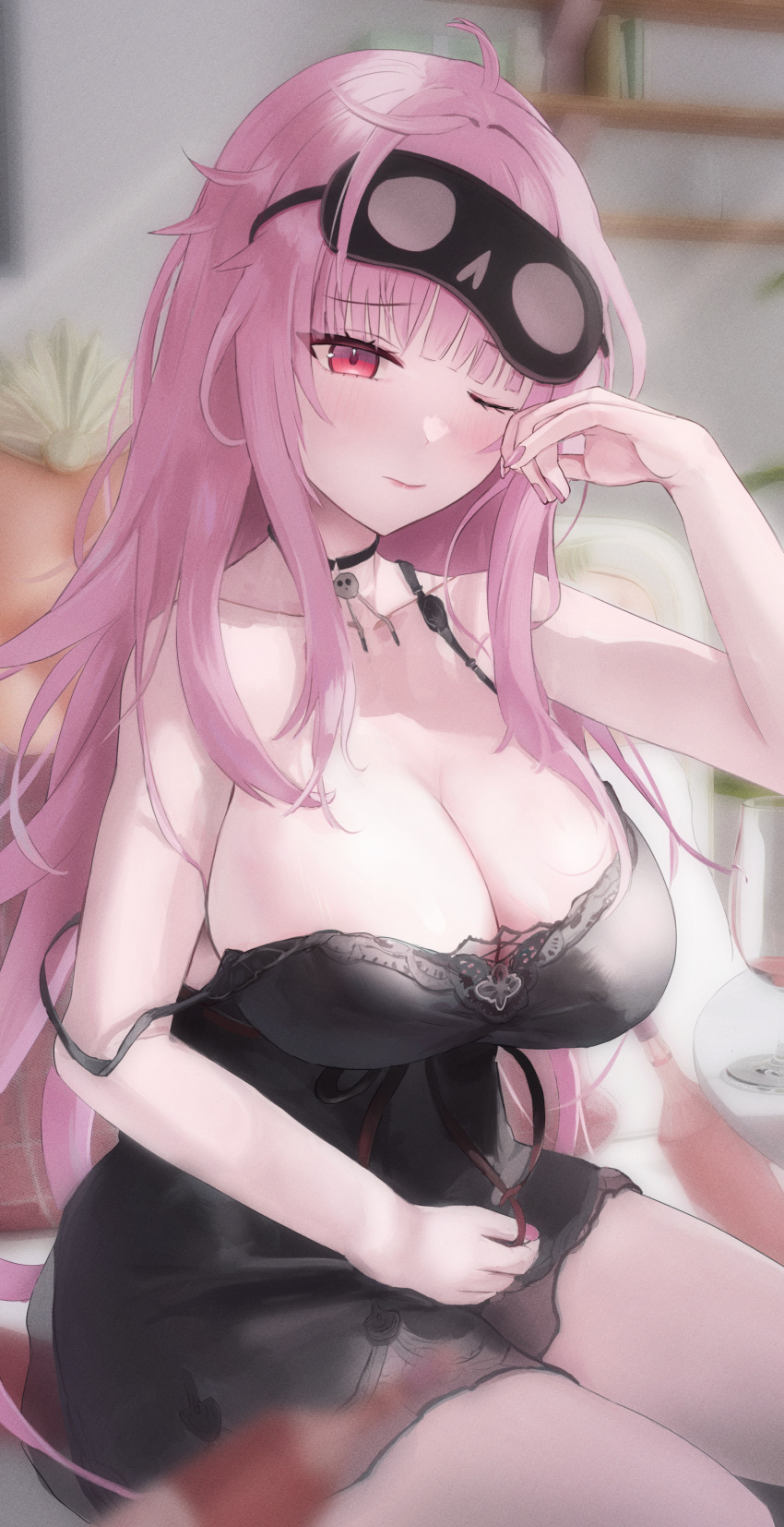 1girl absurdres akahoshi_azu black_nightgown breasts cleavage highres hololive hololive_english large_breasts long_hair messy_hair mori_calliope mori_calliope_(6th_costume) nightgown official_alternate_costume one_eye_closed pink_eyes pink_hair pink_nails rubbing_eyes sleep_mask strap_slip virtual_youtuber