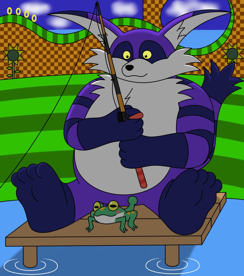 2024 4_toes absurd_res amphibian anthro barefoot belly big_belly big_the_cat chubby_belly domestic_cat duo feet felid feline felis fishing fishing_rod frog froggy_(sonic) fur hi_res male mammal overweight overweight_anthro overweight_male purple_body purple_fur reggie_rakun sega shaded soft_shading sonic_the_hedgehog_(series) striped_body striped_fur stripes toes water