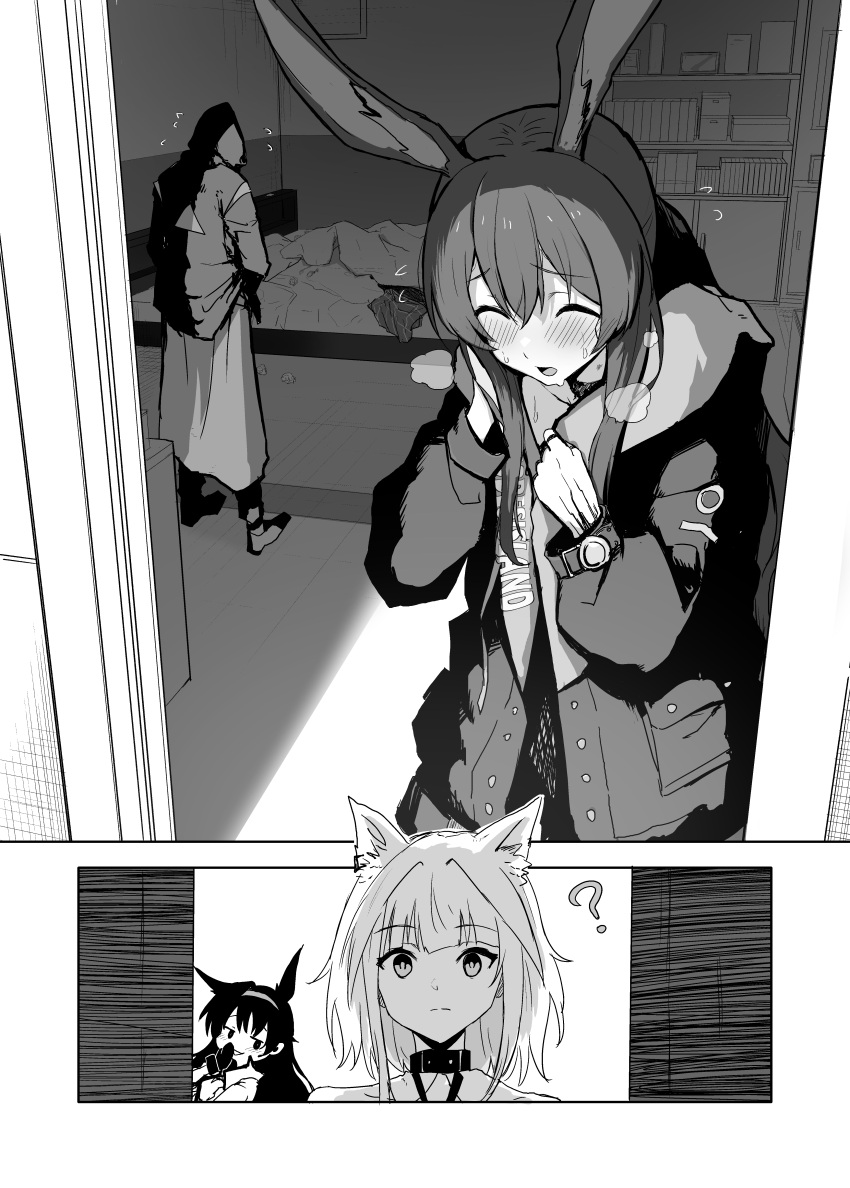 1boy 3girls ? absurdres after_sex amiya_(arknights) animal_ears arknights bed blaze_(arknights) blush bookshelf breath cat_ears closed_eyes commentary condom doctor_(arknights) doorway double-parted_bangs dressing flying_sweatdrops greyscale hair_between_eyes hand_on_own_face hand_to_own_mouth heavy_breathing highres hood hood_down hooded_coat inukaki11 kal'tsit_(arknights) long_hair looking_at_viewer male_doctor_(arknights) monochrome multiple_girls open_door open_mouth oripathy_lesion_(arknights) rabbit_ears rabbit_girl sidelocks skirt smirk standing sweat unworn_skirt used_condom used_tissue