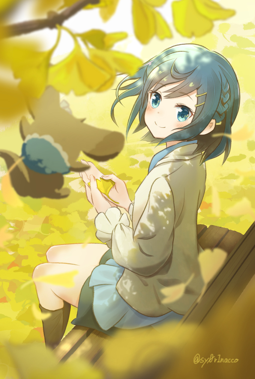 1girl absurdres bench black_socks blue_dress blue_eyes blue_hair blurry blurry_foreground blush bob_cut braid casual commentary dappled_sunlight day delicious_party_precure depth_of_field dress falling_leaves from_side fuwa_kokone ginkgo_leaf hair_ornament hairclip highres holding holding_leaf jacket leaf long_sleeves on_bench outdoors park_bench precure shorin_(sy0r1nacco) short_dress sitting sitting_on_bench smile socks solo sunlight twitter_username white_jacket wind yellow_leaves