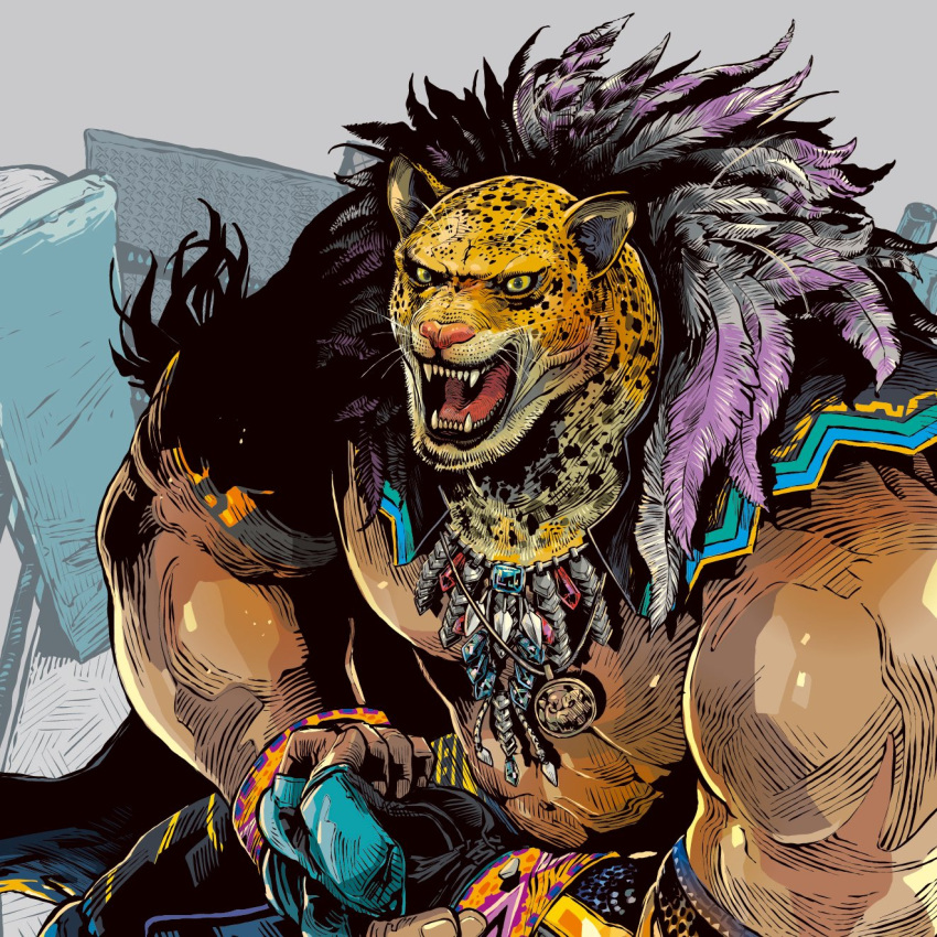 1boy abs animal_ears animal_head bara dark_skin fingerless_gloves gloves highres jaguar jaguar_boy jaguar_ears jbstyle king_(tekken) large_pectorals luchador male_focus muscular muscular_male navel pectorals tekken tekken_8 thighs tiger_mask_(object) topless_male wrestler wrestling_outfit