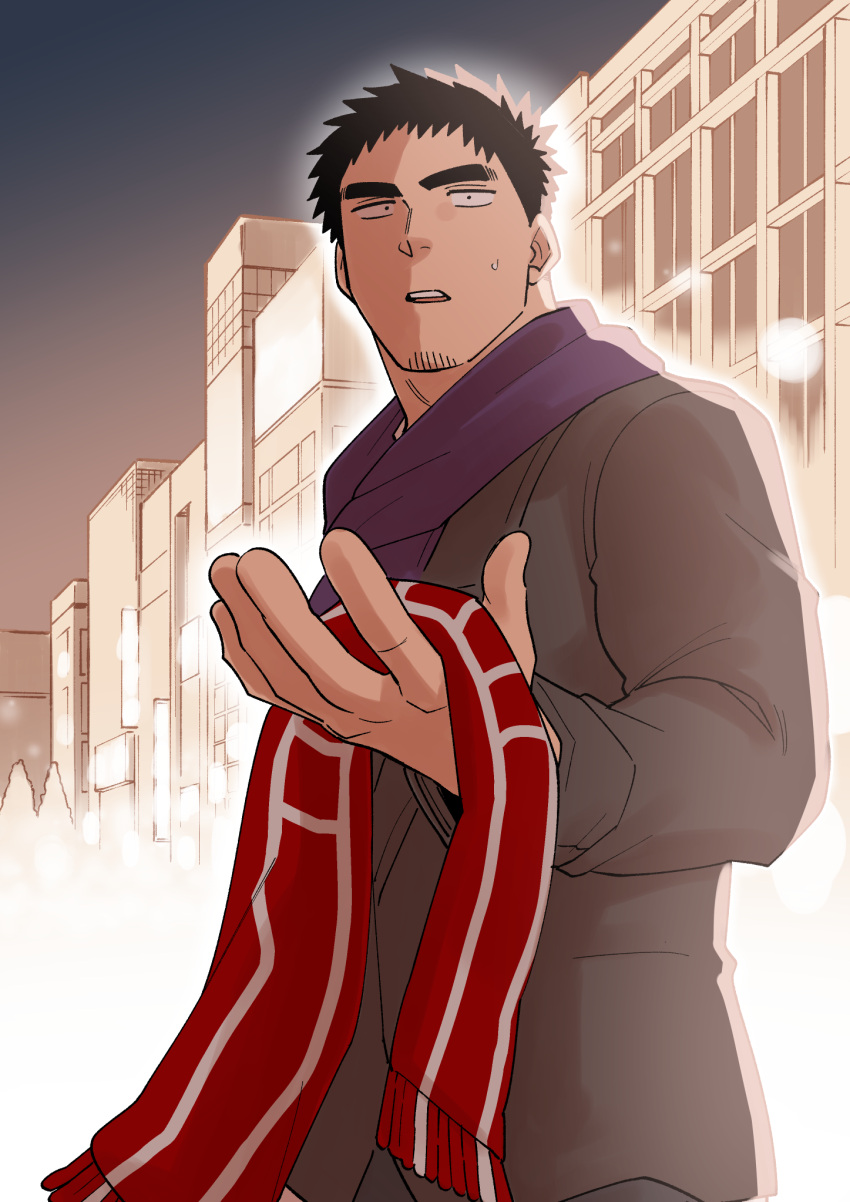 1boy black_hair cityscape facial_hair goatee highres salaryman scarf senpai_ga_uzai_kouhai_no_hanashi shiromanta short_hair stubble sweatdrop takeda_harumi_(shiromanta) thick_eyebrows