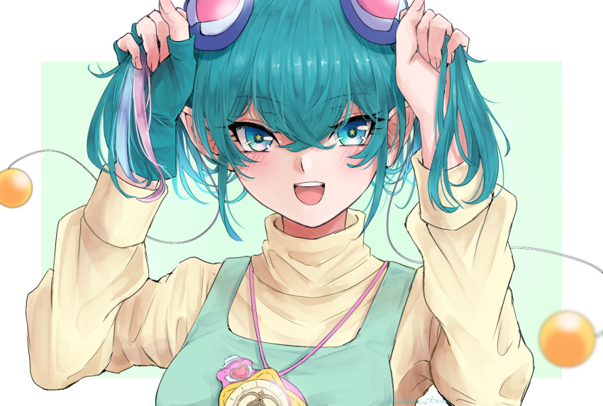 :d aqua_hair dededeteiu hagoromo_lala jewelry long_sleeves looking_at_viewer open_mouth pendant precure short_hair smile solo star_twinkle_precure sweater turtleneck upper_body yellow_sweater