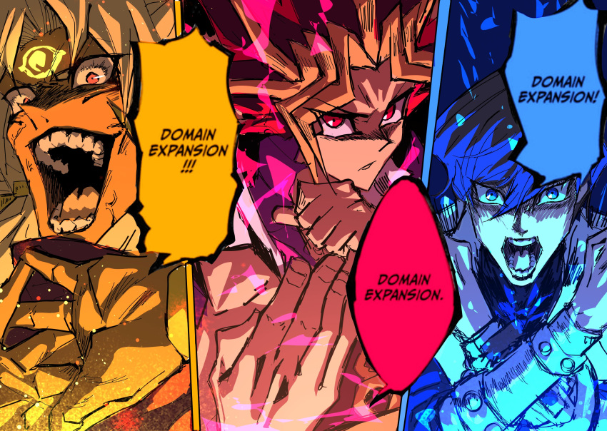 3boys aura clenched_hands closed_mouth english_text evil_smile facial_mark fighting_stance forehead_mark highres jujutsu_kaisen kaiba_seto male_focus marik_ishtar multiple_boys mutou_yuugi open_mouth red_eyes serious short_hair smile sonic1nstinct spiked_hair yami_yuugi yu-gi-oh! yu-gi-oh!_master_duel