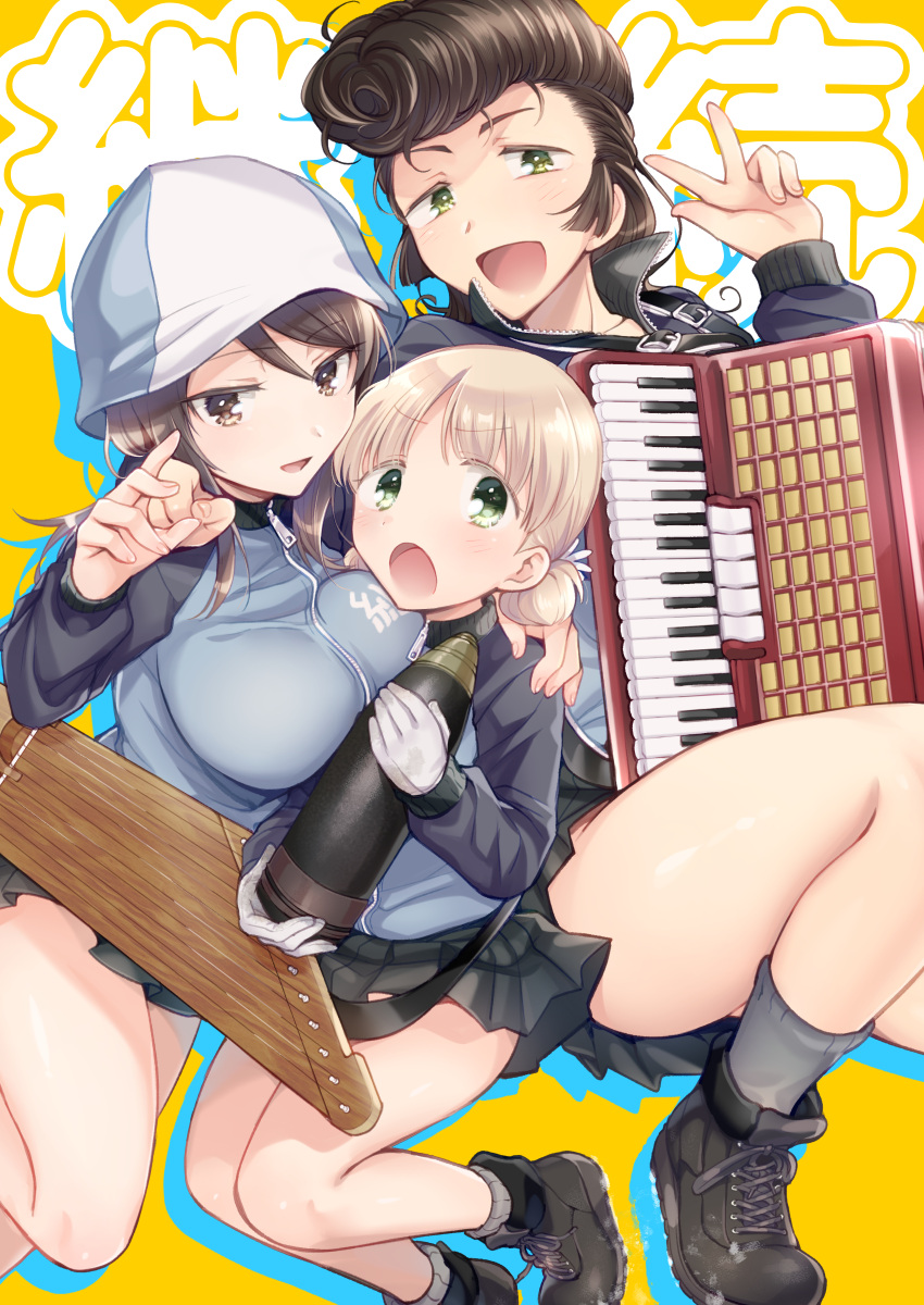 3girls absurdres accordion aki_(girls_und_panzer) ankle_boots arm_around_shoulder bandeau black_footwear black_skirt blue_headwear blue_jacket boots brown_eyes brown_hair commentary floating frown girls_und_panzer gloves green_eyes grey_socks hair_tie hat highres holding holding_instrument instrument jacket kantele keizoku_military_uniform knee_up koyama_harutarou legs_up light_brown_hair long_hair long_sleeves looking_at_viewer low_twintails mika_(girls_und_panzer) military_uniform miniskirt multiple_girls open_mouth pleated_skirt pompadour raglan_sleeves short_hair short_twintails silhouette skirt smile socks tank_shell text_background track_jacket translated tulip_hat twintails uniform white_gloves yellow_bandeau yuri_(girls_und_panzer)