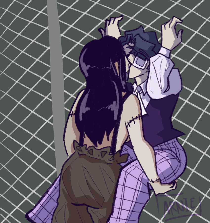 2023 black_hair bottomwear brown_bottomwear brown_clothing brown_pants canon_x_oc clothed clothing colored daan_(fear_and_hunger) duo eye_patch eyebrows eyes_closed eyewear female fence fungerhead grey_hair hair hi_res human humanoid kiss_on_lips kissing lifting lifting_partner long_hair male male/female mammal monster monstrous_humanoid pants pants_only pattern_bottomwear pattern_clothing pattern_pants pinned pinned_to_wall plaid plaid_bottomwear plaid_clothing plaid_pants purple_bottomwear purple_clothing purple_pants purple_sweater purple_topwear romantic romantic_couple short_hair stitches_(fungerhead) surgical_suture suspenders sweater sweater_vest tan_body topwear undead vest