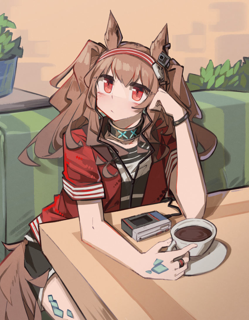 1girl absurdres angelina_(arknights) animal_ears arknights brown_hair cassette_player closed_mouth commentary commission cup earphones english_commentary fox_ears fox_girl fox_tail highres infection_monitor_(arknights) jacket long_hair oripathy_lesion_(arknights) red_eyes red_jacket short_sleeves sitting solo tail teacup togekk0