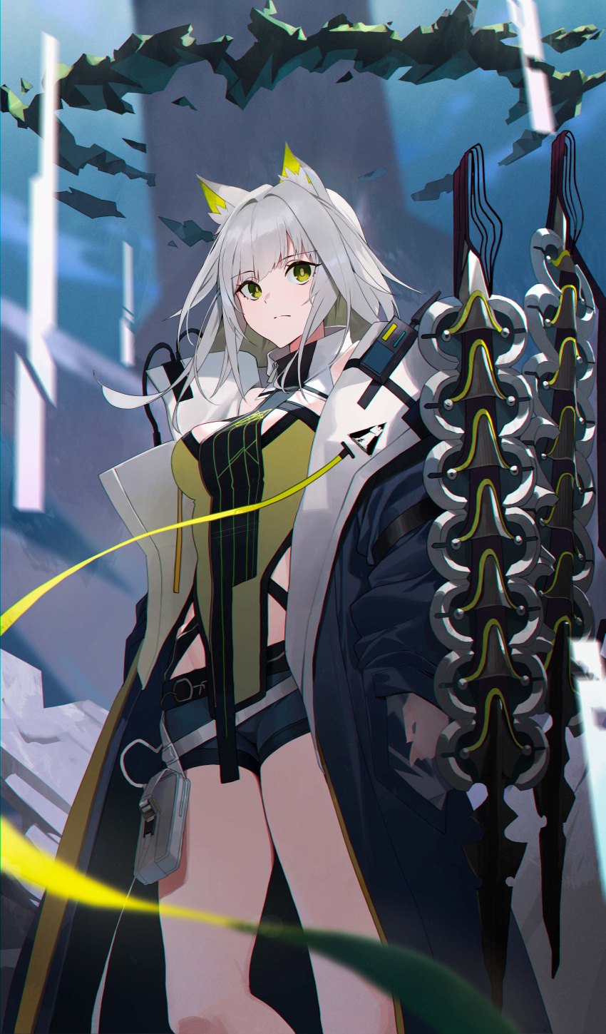 1girl absurdres animal_ear_fluff animal_ears arknights bare_shoulders blue_coat blue_shorts breasts cat_ears cat_girl closed_mouth coat commentary feet_out_of_frame green_eyes green_shirt grey_hair groin highres kal'tsit_(arknights) kal'tsit_(remnant)_(arknights) large_breasts long_sleeves official_alternate_costume open_clothes open_coat raitho rhodes_island_logo_(arknights) shirt short_hair short_shorts shorts solo