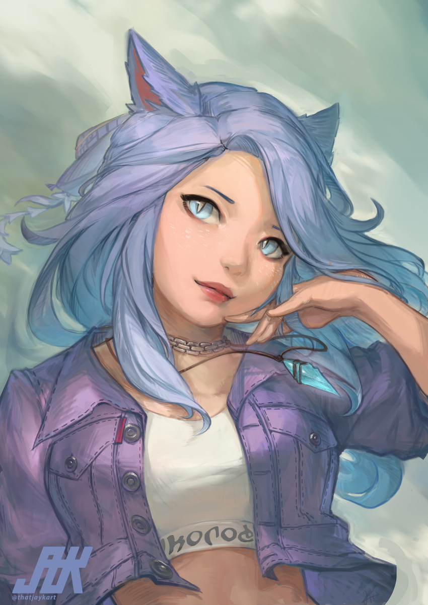 1girl absurdres animal_ears blue_eyes blue_hair cat_ears choker commission crop_top cropped_jacket crystal final_fantasy final_fantasy_xiv highres jacket jewelry lips long_hair looking_at_viewer open_clothes open_jacket pendant slit_pupils solo thatjaykart upper_body warrior_of_light_(ff14)