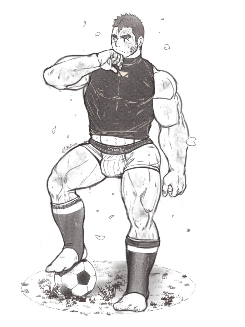 1boy ball bara breath bulge facial_hair full_body goatee_stubble greyscale highres large_pectorals looking_to_the_side male_focus mature_male medium_sideburns micro_shorts midriff_peek monochrome muscular muscular_male onionworkshop original paid_reward_available pectorals shirt short_hair shorts soccer soccer_ball socks solo sportswear standing stubble sweat takeshi_(onionworkshop) taut_clothes taut_shirt thick_thighs thighs very_sweaty