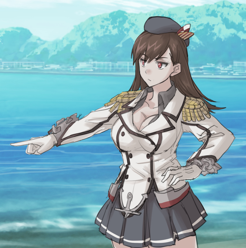 1girl breasts brown_eyes brown_hair buttons cleavage commentary_request cosplay cowboy_shot epaulettes frilled_sleeves frills gloves grey_skirt hand_on_hip highres jacket kantai_collection kashima_(kantai_collection) kashima_(kantai_collection)_(cosplay) large_breasts long_hair long_sleeves military military_jacket military_uniform mountain ooi_(kantai_collection) outdoors pleated_skirt pointing skirt solo sozan uniform water white_gloves white_jacket