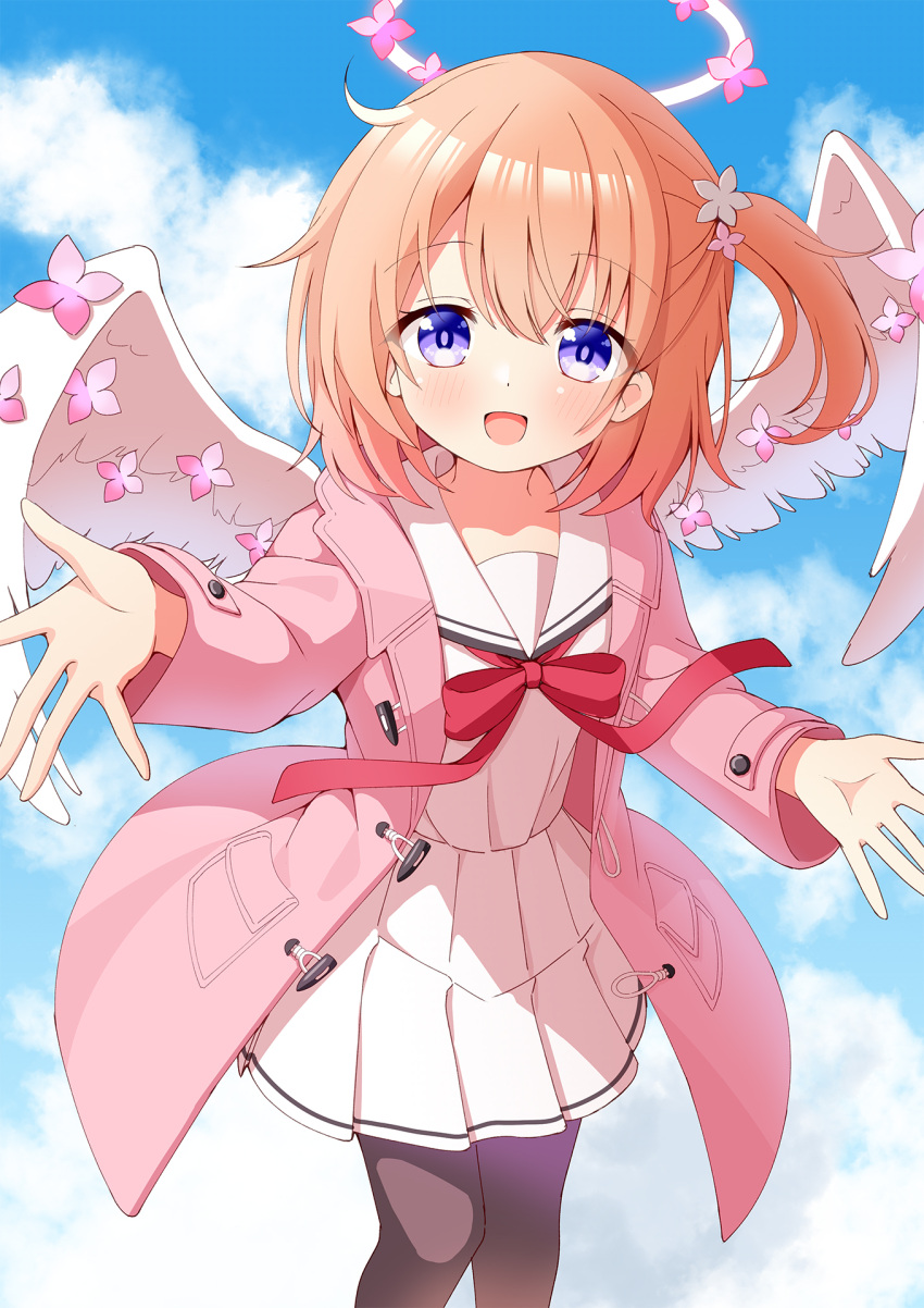 1girl :d angel angel_wings azel_(laevateinn495) beckoning black_pantyhose blue_eyes blue_sky blush bow bowtie choppy_bangs commentary_request double-parted_bangs feathered_wings feet_out_of_frame flower gochuumon_wa_usagi_desu_ka? hair_flower hair_ornament halo highres hoto_cocoa hoto_cocoa's_school_uniform jacket long_sleeves looking_at_viewer miniskirt one_side_up open_mouth orange_hair outstretched_arms pantyhose pink_jacket pleated_skirt red_bow red_bowtie school_uniform serafuku shirt skirt sky smile solo white_serafuku white_shirt white_skirt white_wings wings