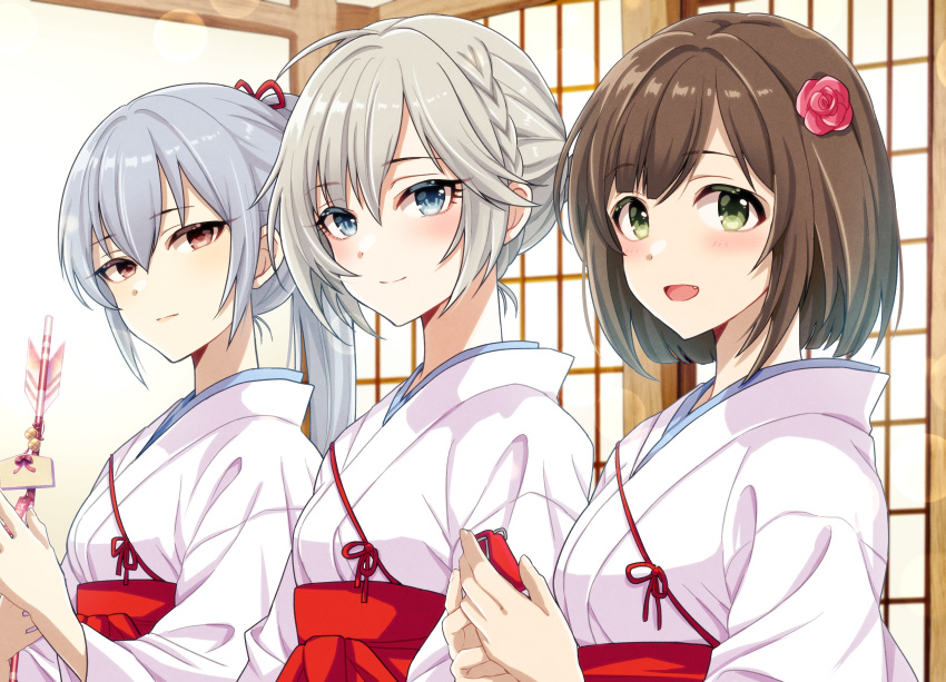 3girls absurdres anastasia_(idolmaster) blue_hair blush braid brown_hair ema flower grey_hair hair_flower hair_ornament hakama highres idolmaster idolmaster_cinderella_girls indoors japanese_clothes kosode light_smile looking_at_viewer maekawa_miku miko multiple_girls nyan_nyan_nyan_(idolmaster) popon_ta red_hakama smile takamine_noa