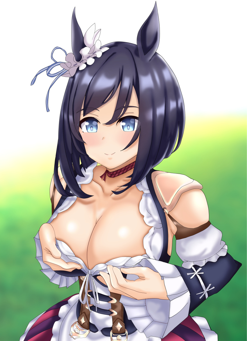 1girl absurdres animal_ears apron bare_shoulders black_hair black_sleeves blouse blue_eyes bob_cut bodice breasts choker cleavage commentary_request detached_sleeves dirndl ear_ornament ear_scrunchie eishin_flash_(umamusume) frilled_apron frilled_sleeves frills from_side german_clothes grabbing_own_breast grass hair_between_eyes highres horse_ears horse_girl large_breasts looking_at_viewer outdoors red_choker scrunchie shirt short_hair smile solo tessa_1178 umamusume upper_body white_apron white_scrunchie white_shirt