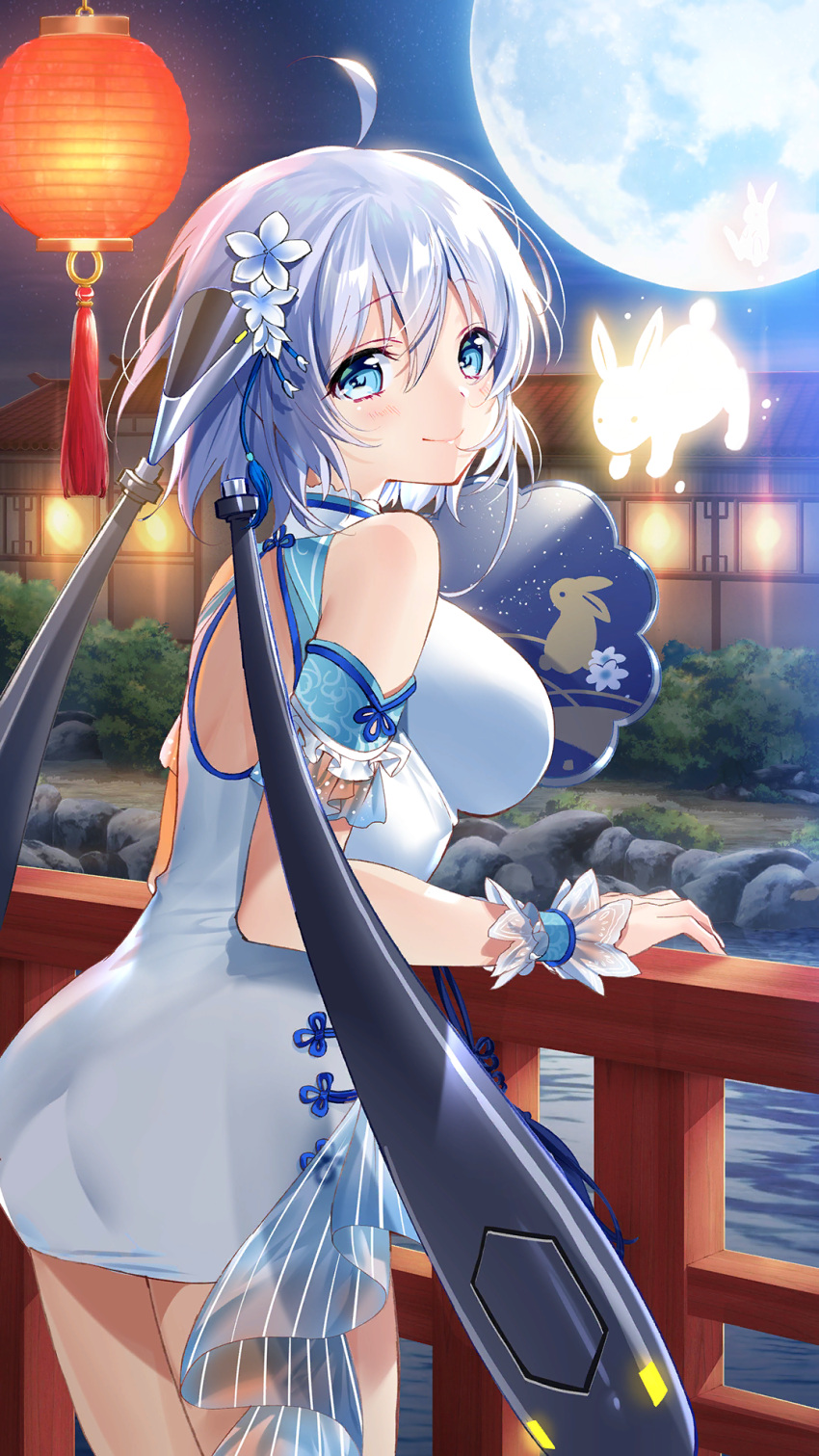 1girl ahoge aniya_jung_(girl_cafe_gun) architecture ass back_cutout bare_shoulders blue_eyes blue_flower blue_hair blue_wrist_cuffs breasts bush china_dress chinese_clothes closed_mouth clothing_cutout cowboy_shot dress east_asian_architecture flower from_side full_moon girl_cafe_gun hair_flower hair_ornament hand_on_railing highres huge_moon impossible_clothes impossible_dress lantern large_breasts looking_at_viewer moon night night_sky official_art paper_lantern rabbit railing rock short_dress short_hair sky smile solo turning_head water white_dress wrist_cuffs