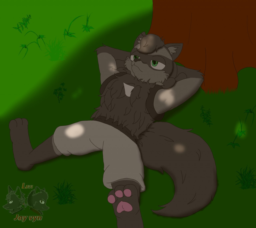 anthro black_hair canid chaoticbiscuit fan_character fluffy fluffy_chest fluffy_tail foxboy591 grass green_eyes hair hybrid lucario male mammal multicolored_body nintendo pok&eacute;mon pok&eacute;mon_(species) relaxing resting solo stevo(lucario) stevofurry tree two_tone_body video_games