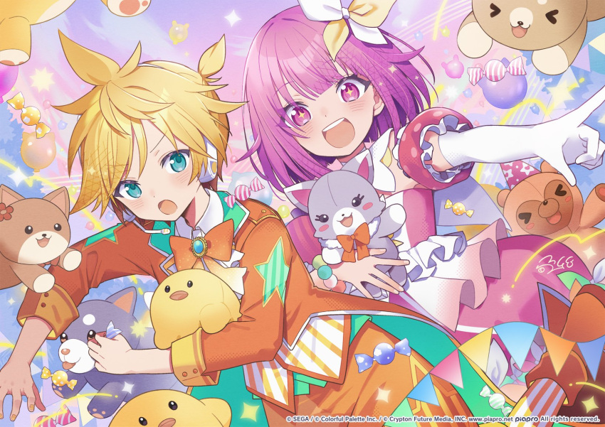 1boy 1girl blonde_hair blue_eyes blush bow crypton_future_media hair_ornament hair_ribbon hairclip headphones highres kagamine_len long_sleeves looking_at_viewer miwasiba ootori_emu open_mouth piapro pink_eyes pink_hair project_sekai purple_eyes ribbon shirt short_hair smile vocaloid