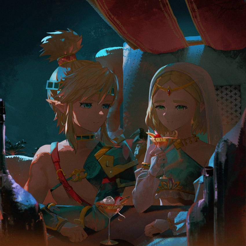 1boy 1girl arabian_clothes armlet bandeau bar_(place) blonde_hair blue_eyes bottle braid bridal_gauntlets circlet closed_mouth cocktail_glass commentary_request crown_braid cup detached_sleeves drinking_glass earrings gerudo_set_(zelda) green_eyes halterneck highres holding holding_cup hoop_earrings jewelry light_smile link looking_at_another night night_sky official_alternate_costume parted_bangs pointy_ears princess_zelda short_hair signature single_bare_shoulder sky the_legend_of_zelda the_legend_of_zelda:_tears_of_the_kingdom tsujieiri updo white_sleeves
