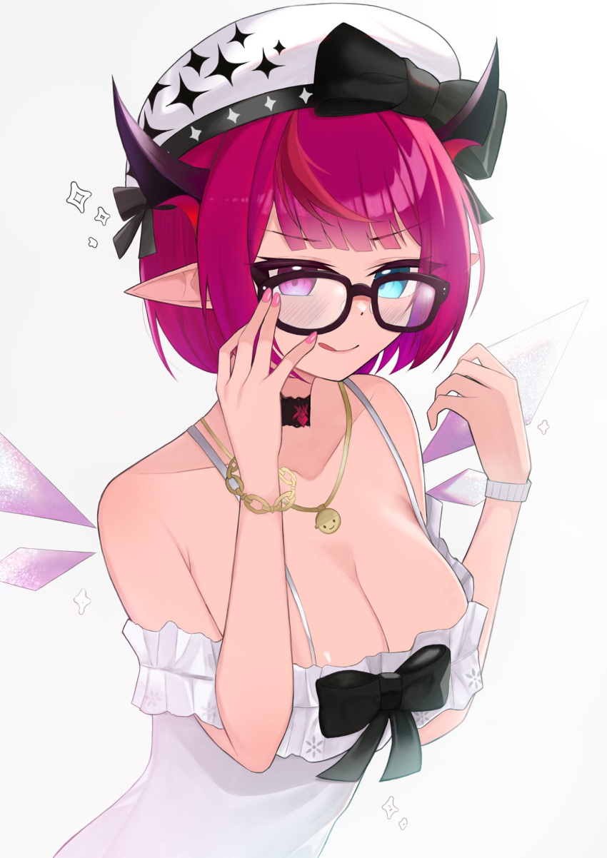 1girl :q bare_shoulders beret black-framed_eyewear black_bow black_choker blue_eyes bow breasts choker cleavage crystal_wings dress glasses gold_necklace hair_bow hat heterochromia highres hololive hololive_english horns irys_(casualrys)_(hololive) irys_(hololive) jewelry lace-trimmed_choker lace_trim large_breasts looking_at_viewer necklace off-shoulder_dress off_shoulder official_alternate_costume pink_nails pointy_ears purple_eyes purple_hair red_hair short_hair simple_background smile solo spaghetti_strap sparkle_print tongue tongue_out unmeidesu upper_body virtual_youtuber watch white_background white_dress white_headwear wristwatch