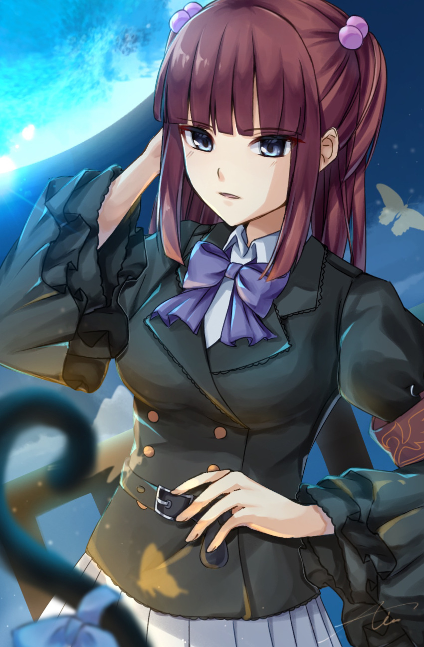 2girls armband belt blue_eyes blunt_bangs blunt_ends blurry blurry_foreground bow breasts bug butterfly buttons cat_tail collared_shirt double-breasted frederica_bernkastel frilled_sleeves frills full_moon hair_bobbles hair_ornament hand_on_own_hip highres ice_cream_(aisu_aisu_9898) jacket long_hair medium_breasts moon multiple_girls night night_sky open_mouth outdoors pleated_skirt red_hair ribbon shirt sidelocks signature skirt sky solo_focus tail tail_bow tail_ornament two_side_up umineko_no_naku_koro_ni ushiromiya_ange white_shirt white_skirt yellow_butterfly