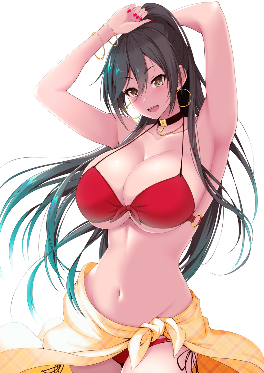 1girl alternate_costume armpits arms_up bangs bikini black_hair bracelet breasts choker cleavage commentary_request earrings eyebrows_visible_through_hair front-tie_top hair_between_eyes high_ponytail highres hoop_earrings idolmaster idolmaster_shiny_colors jewelry large_breasts long_hair moo_yoshio navel necklace red_bikini red_nails sarong shirase_sakuya side-tie_bikini solo stomach swimsuit thighs underboob yellow_eyes yellow_sarong