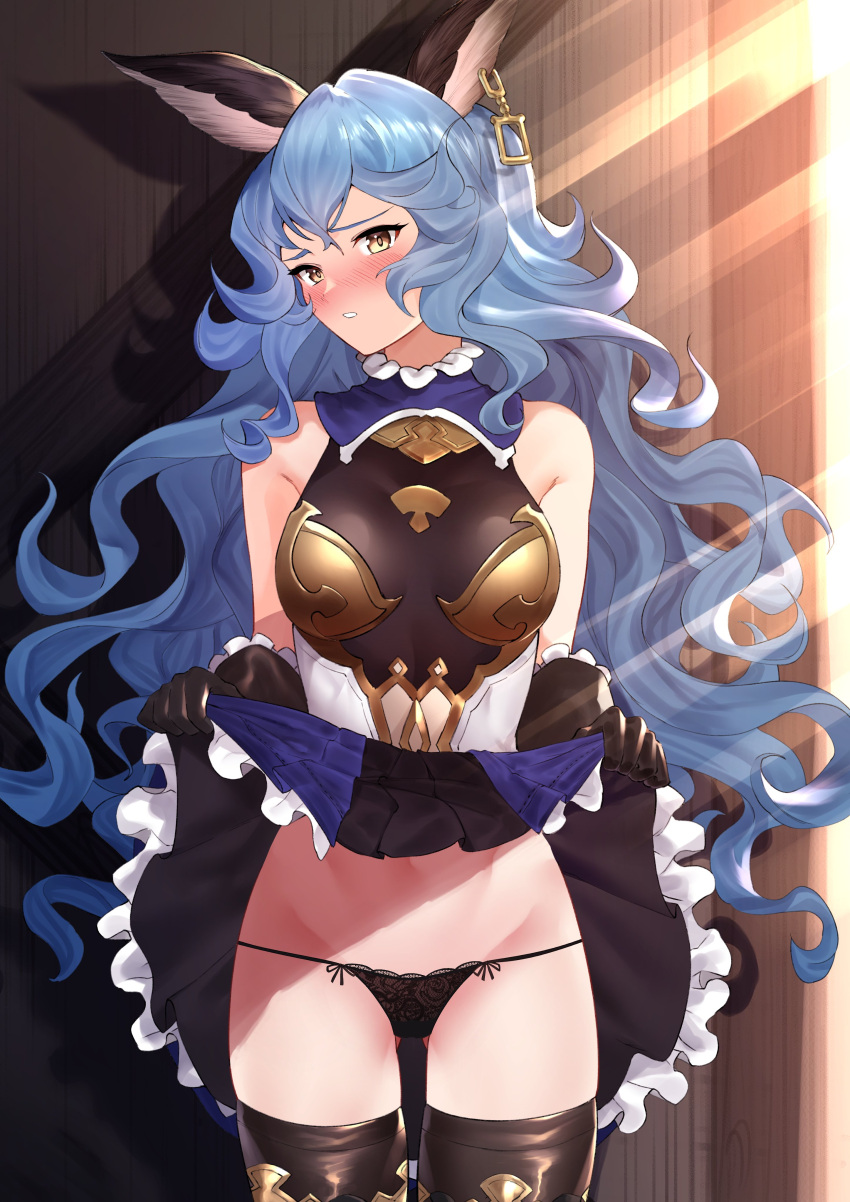 1girl absurdres animal_ears ass_visible_through_thighs bare_shoulders black_panties black_thighhighs blue_hair blush bow bow_panties brown_gloves clothes_lift earrings embarrassed erune ferry_(granblue_fantasy) gloves granblue_fantasy groin hair_between_eyes highres jewelry light_rays long_hair navel open_mouth panties pulled_by_self saru_(pixiv13751598) skindentation skirt skirt_lift sleeveless solo sunbeam sunlight thighhighs thighs underwear wolf_ears yellow_eyes