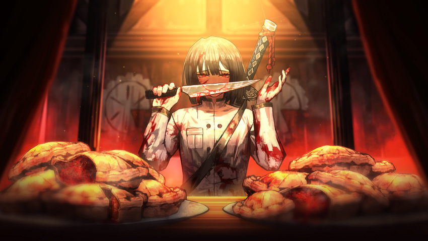 1girl black_hair blood blood_on_clothes blood_on_face blood_on_hands blurry blurry_background blurry_foreground bob_cut food game_cg highres holding holding_knife katana kitchen_knife knife limbus_company long_sleeves looking_at_viewer nai_ga official_art pie project_moon red_eyes ryoshu_(project_moon) shirt short_hair solo standing sword weapon white_shirt