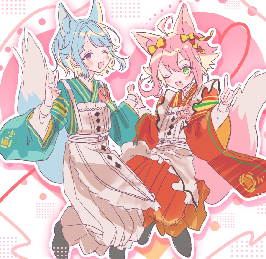 2boys androgynous animal_ears apron blue_hair blue_kimono ensemble_stars! fang fox_boy fox_ears fox_tail green_eyes heart highres himemiya_tori insomnia_9_2 japanese_clothes kimono koi_koi_cafe_(ensemble_stars!) long_sleeves male_focus multiple_boys official_alternate_costume one_eye_closed open_mouth pink_background pink_hair purple_eyes red_kimono shino_hajime short_hair short_hair_with_long_locks smile tail white_apron