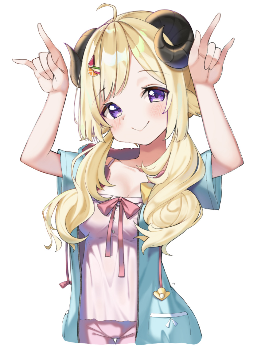 1girl \m/ absurdres ahoge blonde_hair blush breasts cleavage commentary cropped_legs fruit_hair_ornament hair_ornament hairclip hands_up highres hololive hood hood_down hoodie horns long_hair looking_at_viewer low_twintails mirami_(tatarim39) purple_eyes ribbon sheep_girl sheep_horns short_sleeves smile solo spaghetti_strap symbol-only_commentary tank_top tsunomaki_watame tsunomaki_watame_(5th_costume) twintails virtual_youtuber