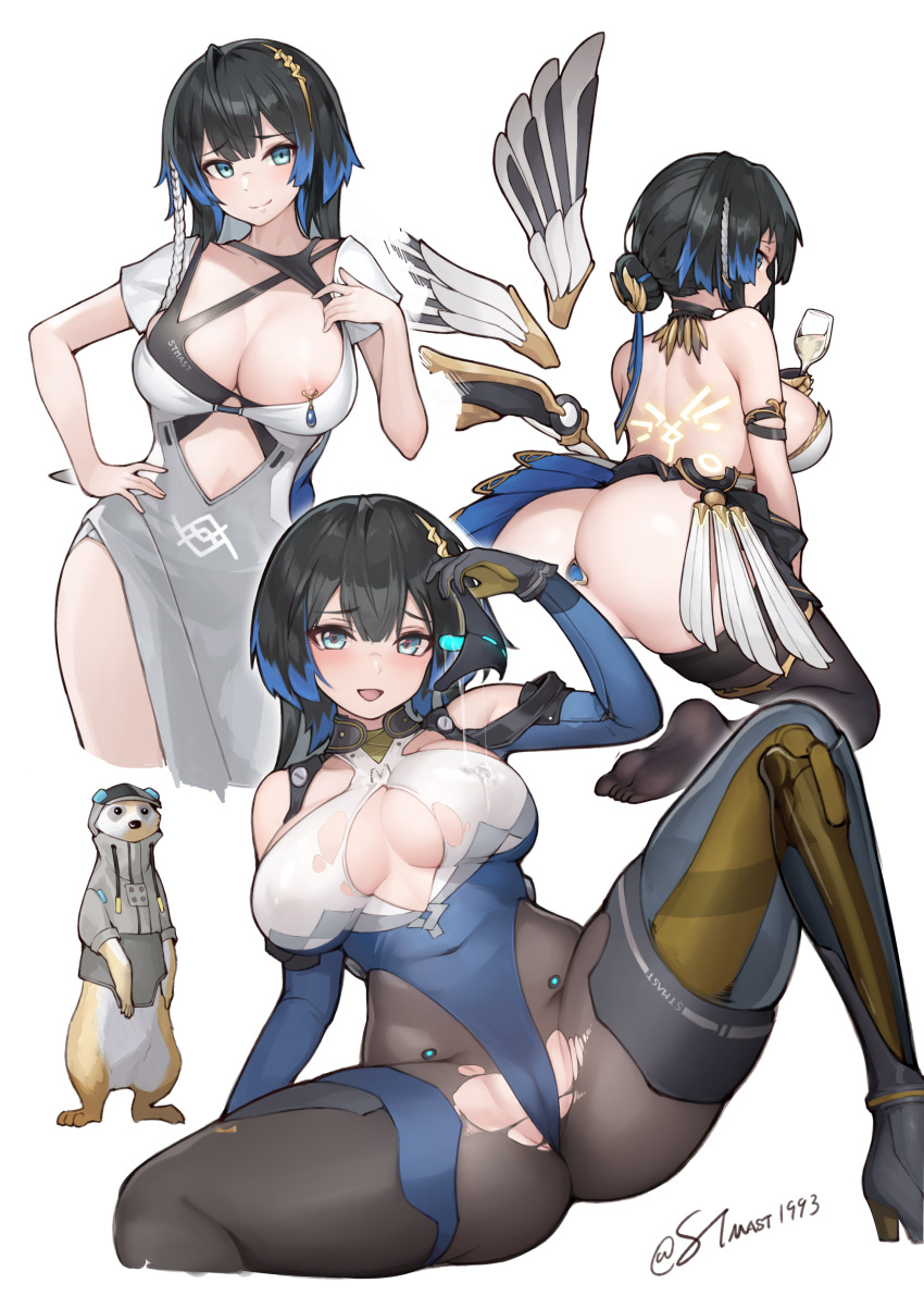 1girl absurdres animal_request aqua_eyes arm_strap artist_name ass back bare_back bare_shoulders black_hair black_thighhighs blue_hair blush bodysuit bodysuit_under_clothes boots braid bread breasts breasts_apart butt_plug cameltoe cleavage cleavage_cutout closed_mouth clothing_cutout commentary_request convenient_censoring covered_navel cup detached_wings drinking_glass feet food from_behind gloves groin hair_bun hair_ornament hand_on_own_hip heart heart_in_eye high_heel_boots high_heels highleg highleg_leotard highres holding holding_cup holding_sex_toy jewel_butt_plug katya_(snowbreak) large_breasts leotard looking_at_viewer multicolored_hair multiple_views nipple_piercing nipple_slip nipples no_panties parted_lips piercing pilot_suit pussy_juice pussy_juice_trail revealing_clothes sex_toy signature simple_background single_braid snowbreak:_containment_zone soles spread_legs squatting stmast streaked_hair symbol_in_eye thighhighs torn_bodysuit torn_clothes torn_leotard twitter_username two-tone_hair white_background wings