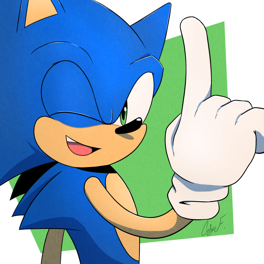 blue_body clothing codyf0xx eulipotyphlan gesture gloved_hands gloves green_eyes handwear hedgehog hi_res looking_at_viewer looking_back looking_back_at_viewer mammal one_eye_closed open_mouth open_smile pointing pointing_up sega smile sonic_the_hedgehog sonic_the_hedgehog_(series) white_clothing white_gloves white_handwear wink winking_at_viewer