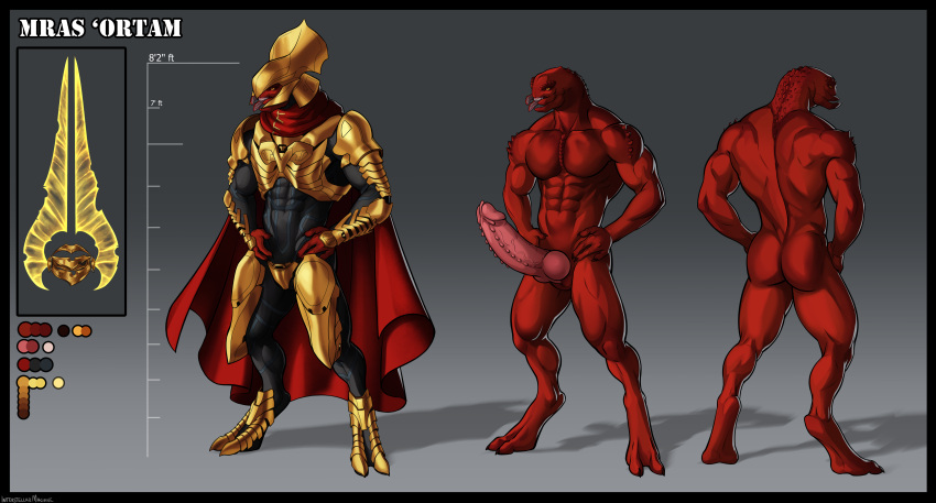 2_thumbs abs absurd_res alien animal_genitalia animal_penis anthro armor biceps big_penis big_quads biped black_border bodysuit border butt cape claws clothing deltoids digitigrade energy_sword erection finger_claws fingers front_view genital_slit genitals glans gold_(metal) gold_armor halo_(series) headgear helmet hi_res huge_penis humanoid hybrid_genitalia hybrid_penis interstellarmachine knot looking_at_viewer male mandibles manly melee_weapon microsoft model_sheet mras_'ortam multiple_images muscular muscular_anthro muscular_male navel nubbed_penis nude open_mouth pecs penis pupils quads red_body sackless sangheili science_fiction skinsuit slit slit_pupils solo standing sword teeth thick_penis tight_clothing warrior weapon xbox_game_studios yellow_eyes