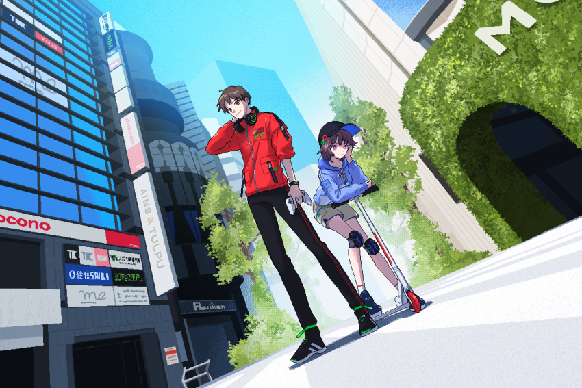 1boy 1girl black_headwear black_pants blue_jacket blue_sky bright_pupils building city controller day dithering esports_koto_gakuin full_body game_controller hat head_rest headphones headphones_around_neck highres holding holding_controller holding_game_controller jacket kick_scooter knee_pads leaning_forward looking_at_viewer narume official_art outdoors pants pixel_art purple_eyes red_jacket scenery shoes short_shorts shorts sign sky skyscraper smile standing tree white_pupils