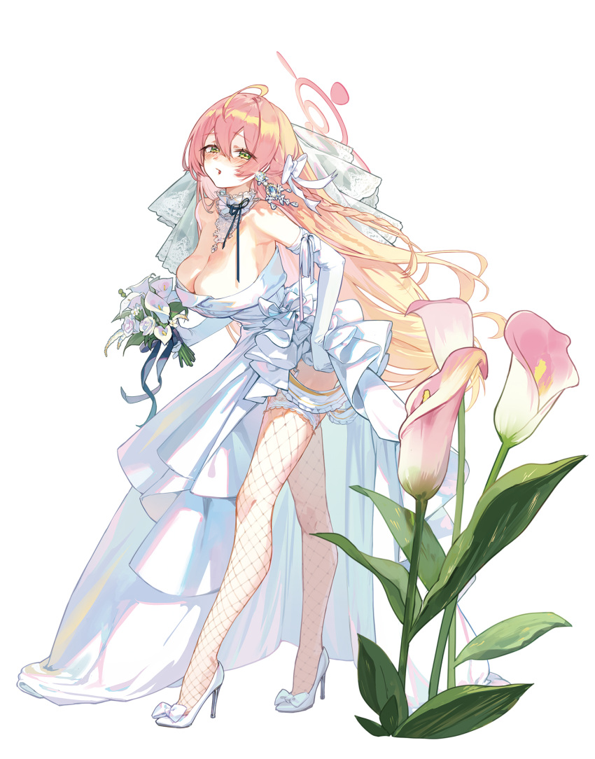 1girl :o ahoge alternate_costume blonde_hair blue_archive blush bouquet bow breasts bridal_veil cleavage detached_collar dress elbow_gloves fishnet_thighhighs fishnets full_body glint gloves gradient_hair green_eyes hair_between_eyes hair_bow halo hanako_(blue_archive) high_heels highres holding holding_bouquet kokko_(kokko3045) large_breasts legs long_hair looking_at_viewer multicolored_hair pink_hair simple_background solo thighhighs veil very_long_hair wedding_dress white_background white_dress white_footwear white_gloves
