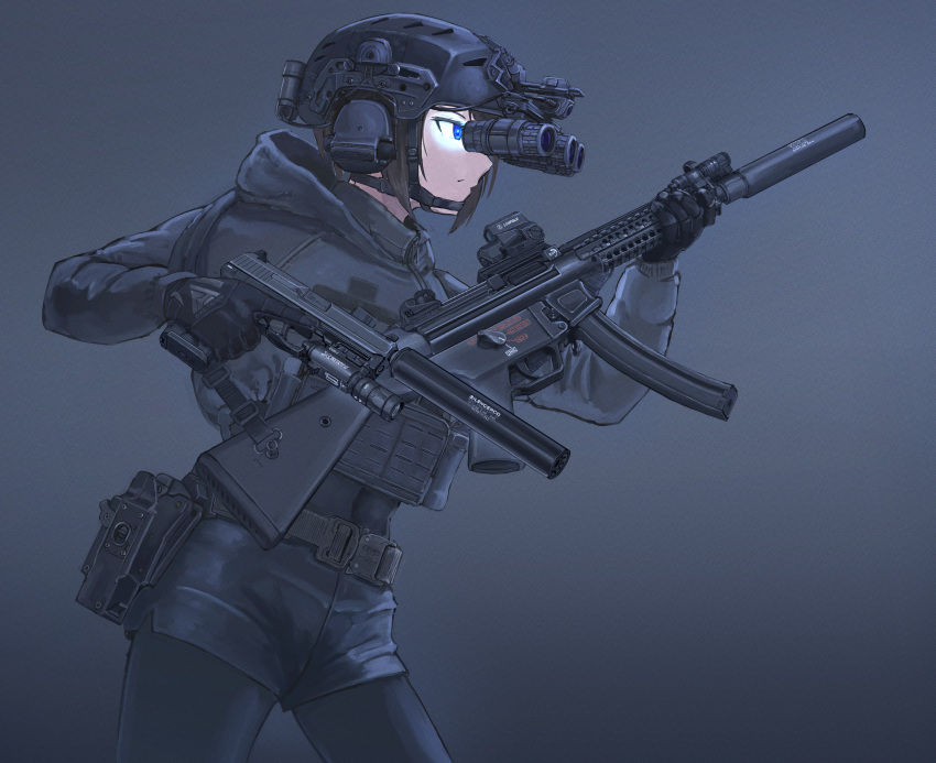 1girl absurdres assault_rifle black_bodysuit black_gloves black_jacket black_shorts blue_eyes bodysuit brown_hair d-sawa613 gloves gun h&amp;k_mp5 h&amp;k_usp handgun heckler_&amp;_koch helm helmet highres holding holding_gun holding_weapon holster hood hooded_jacket jacket military night_vision_device original rifle shorts solo submachine_gun suppressor weapon