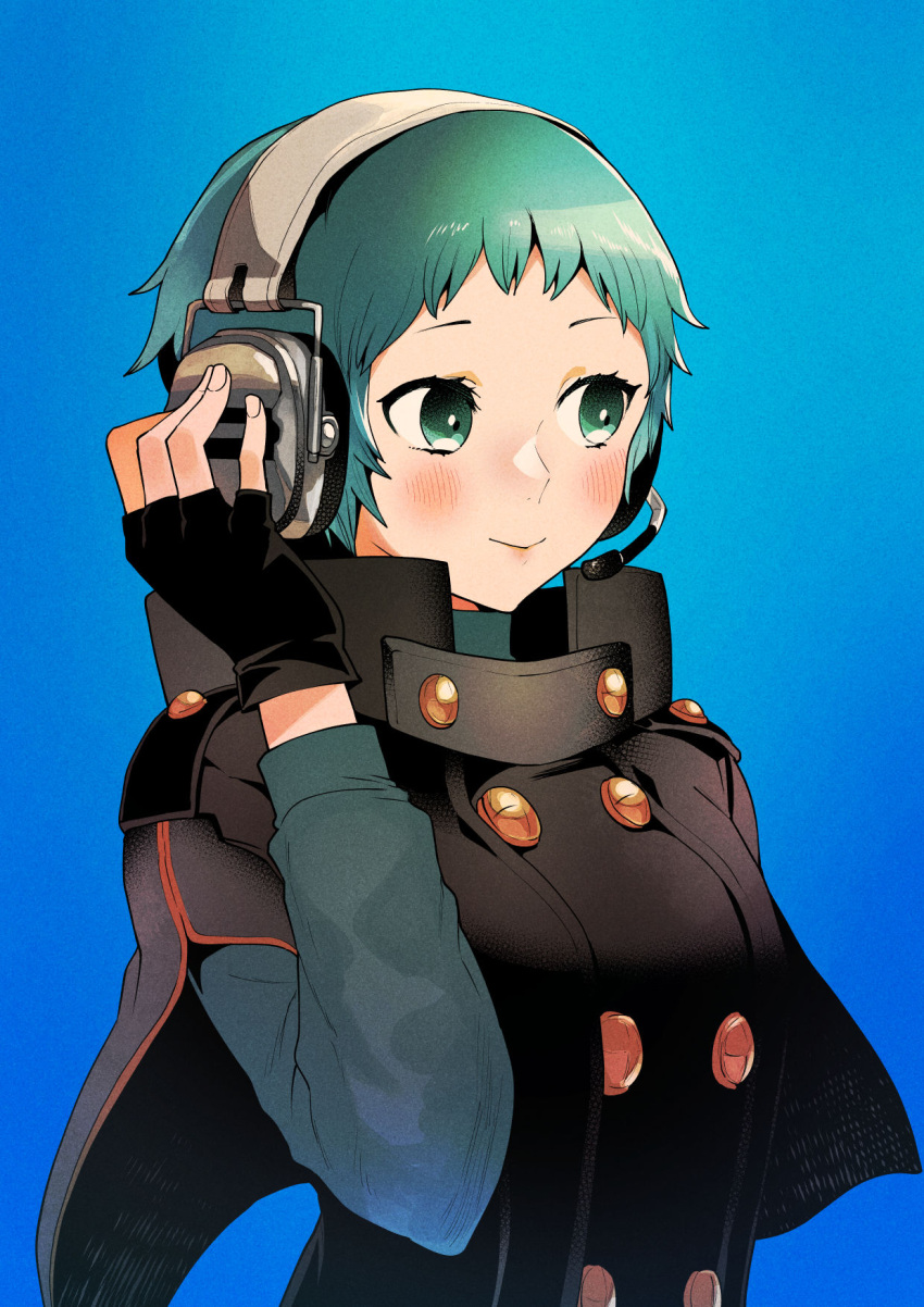 1girl aqua_eyes aqua_hair aqua_sweater black_capelet black_gloves black_jacket blue_background blush buttons capelet closed_mouth commentary fingerless_gloves gloves gradient_background hand_on_headphones hand_up headphones headset highres jacket kyougetsu_(junrai) long_sleeves persona persona_3 persona_3_reload short_hair smile solo sweater three_quarter_view turtleneck turtleneck_sweater upper_body yamagishi_fuuka