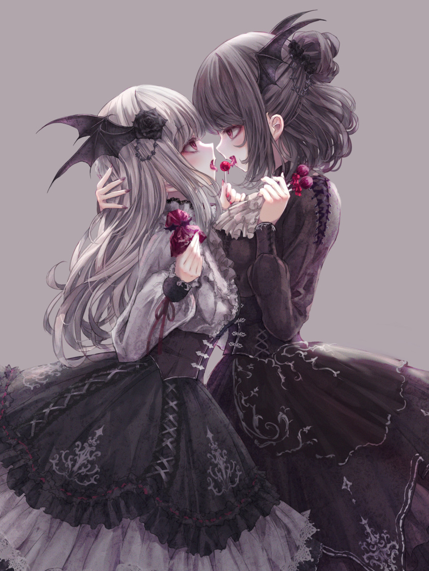 2girls ascot black_flower black_rose black_shirt black_skirt black_wings blood blood_on_tongue bright_pupils candy commentary eye_contact fang feet_out_of_frame fingernails flower food frilled_skirt frills from_side gothic_lolita grey_background grey_hair hair_bun hair_flower hair_ornament half_updo high-waist_skirt highres holding holding_candy holding_food holding_lollipop hug juliet_sleeves licking lolita_fashion lollipop long_hair long_sleeves looking_at_another medium_hair missile228 multiple_girls open_mouth original profile puffy_long_sleeves puffy_sleeves red_eyes red_nails rose sharp_fingernails shirt simple_background skirt smile tongue tongue_out vampire very_long_hair white_ascot white_shirt wings yuri