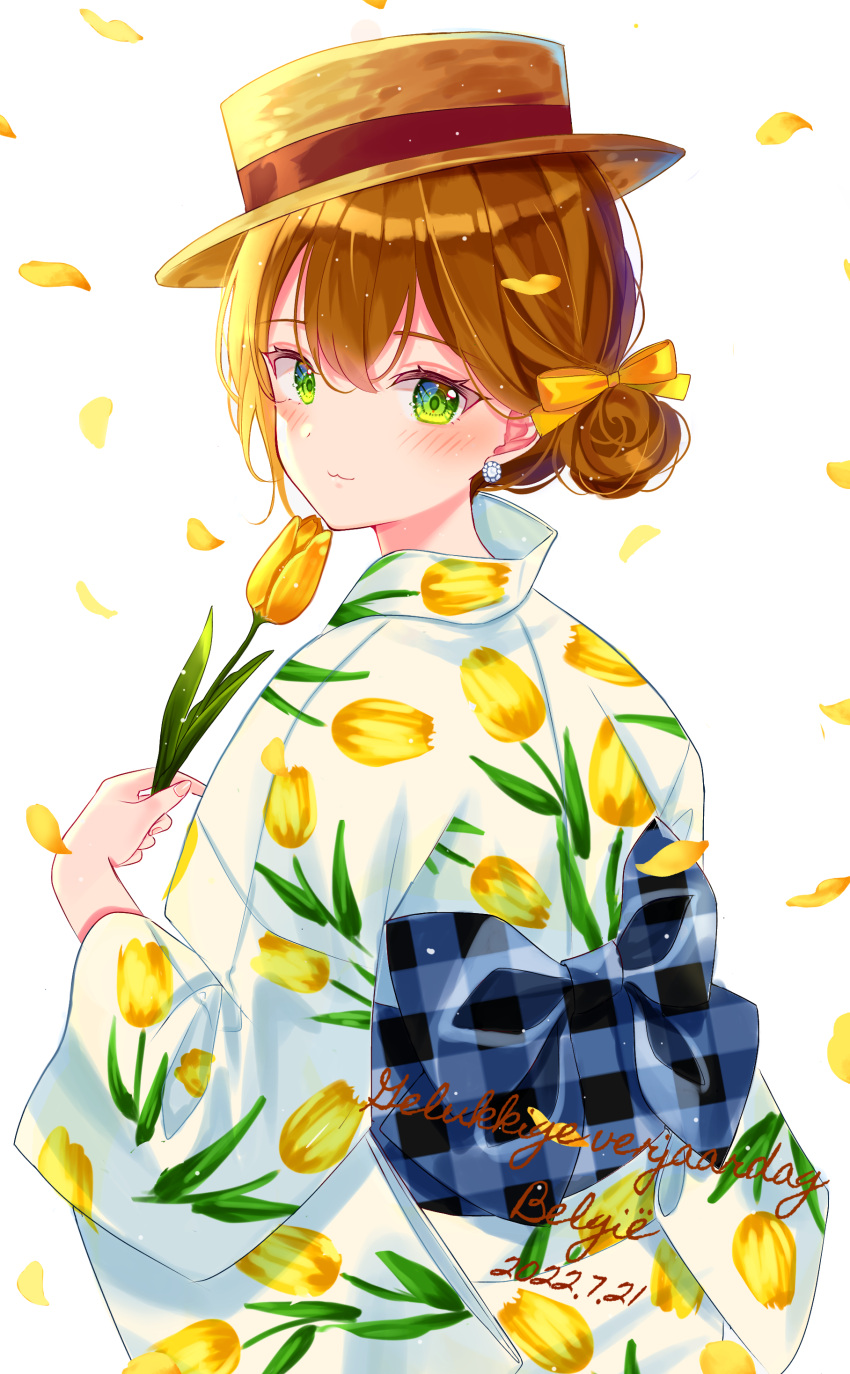 1girl absurdres autumn_leaves axis_powers_hetalia belgium_(hetalia) blush bow brown_hair closed_mouth dated earrings falling_leaves fingernails floral_print flower from_behind green_eyes hair_bow hair_bun hair_up hand_up happy hat highres holding holding_flower japanese_clothes jewelry kimono leaf long_sleeves looking_at_viewer looking_back obi pearl_earrings riri5937 sash simple_background single_side_bun smile solo straw_hat tulip unmoving_pattern updo upper_body white_background yellow_bow yellow_flower yukata