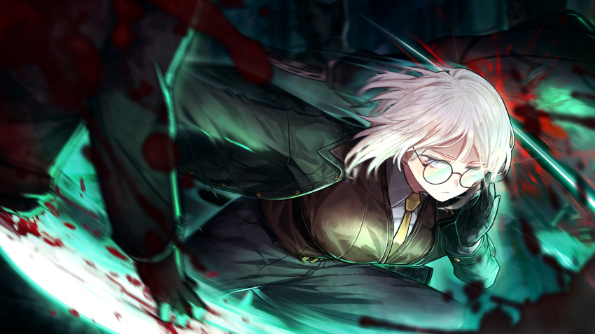 1girl 2others black-framed_eyewear black_pants blood blood_splatter blurry blurry_background blurry_foreground breasts brown_vest collared_shirt faust_(project_moon) game_cg glasses green_jacket highres jacket large_breasts limbus_company medium_hair multiple_others nai_ga necktie official_art pants project_moon round_eyewear shirt slashing vest white_hair white_shirt wing_collar yellow_necktie