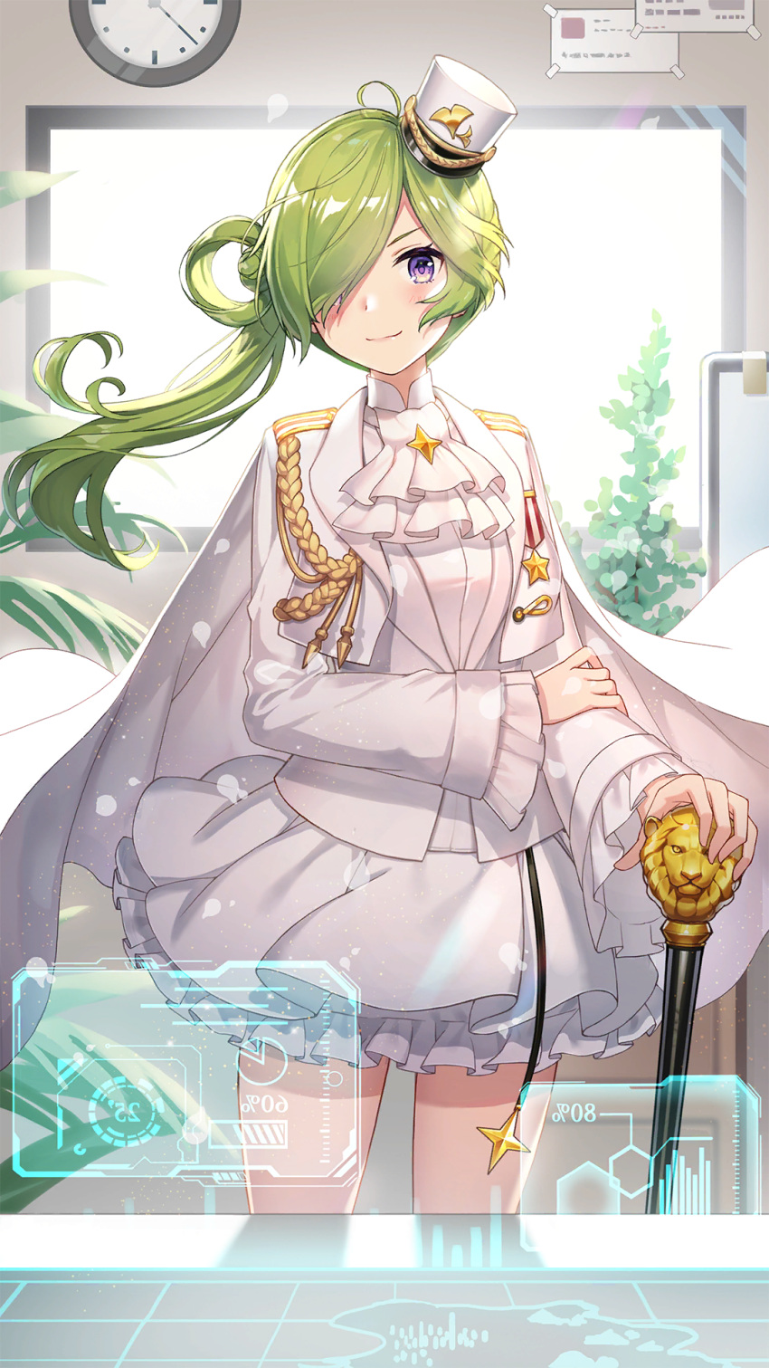 1girl aiguillette ascot cape clock cowboy_shot epaulettes frilled_skirt frills girl_cafe_gun green_hair hair_over_one_eye hand_on_own_arm highres holding holding_scepter holographic_interface indoors jacket layered_skirt long_hair long_sleeves looking_at_viewer medal mini_shako_cap miniskirt nie_shirou_(girl_cafe_gun) official_art one_eye_covered purple_eyes scepter shirt side_ponytail single_hair_ring skirt smile solo staff table tilted_headwear white_ascot white_cape white_headwear white_jacket white_shirt white_skirt window