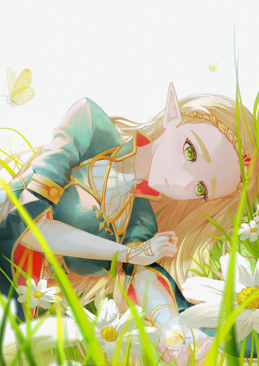 1girl blonde_hair blue_shirt bridal_gauntlets bug butterfly butterfly_on_hand commentary_request elbow_gloves fingerless_gloves flower gloves green_eyes highres long_hair lying on_grass on_side parted_bangs parted_lips pointy_ears princess_zelda shirt signature solo the_legend_of_zelda the_legend_of_zelda:_breath_of_the_wild tiara tsujieiri white_flower white_gloves