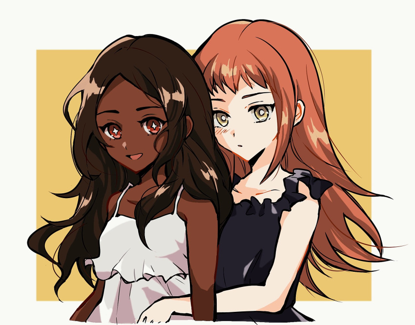 2girls arm_around_waist bare_shoulders black_nightgown brown_hair dark-skinned_female dark_skin fire_emblem fire_emblem_engage highres long_hair looking_at_viewer multiple_girls nightgown oda32t open_mouth orange_hair panette_(fire_emblem) red_eyes star-shaped_pupils star_(symbol) symbol-shaped_pupils timerra_(fire_emblem) upper_body white_nightgown yellow_eyes yuri