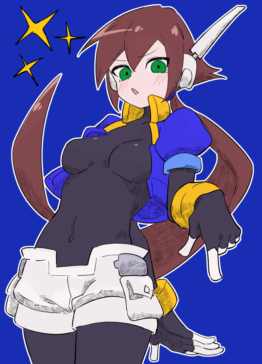 1girl absurdres aile_(mega_man_zx) black_bodysuit blue_background bodysuit breasts brown_hair buzzlyears covered_navel cropped_jacket green_eyes highres jacket long_hair looking_at_viewer medium_breasts mega_man_(series) mega_man_zx mega_man_zx_advent open_clothes open_jacket ponytail robot_ears shorts simple_background solo white_shorts