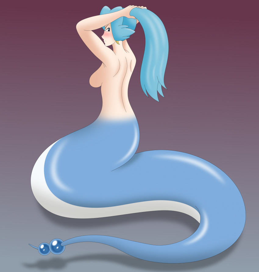 apode big_breasts blush breasts clair_(pokemon) clothed clothing draconcopode dragonair female generation_1_pokemon gym_leader hi_res humanoid joyvell legless looking_back naga nintendo pokemon pokemon_(species) reptile scalie serpentine snake solo topless