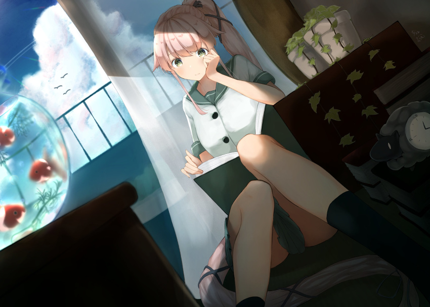 1girl absurdres blue_sky book brown_eyes clock cloud commentary_request curtains day dutch_angle fish fishbowl goldfish grey_sailor_collar grey_skirt hair_flaps highres indoors kantai_collection long_hair pink_hair plant pleated_skirt ponytail reading sailor_collar school_uniform serafuku shanghmely sheep shirt short_sleeves sitting skirt sky solo very_long_hair white_shirt yura_(kantai_collection)