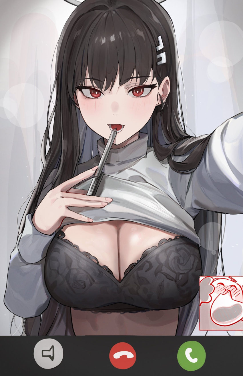1girl 1other black_bra black_hair blanc_(whit_blanc) blue_archive blush bra breasts bright_pupils doodle_sensei_(blue_archive) fake_phone_screenshot fake_screenshot halo highres holding holding_pen large_breasts long_hair looking_at_viewer nose_blush pen red_eyes rio_(blue_archive) selfie sensei_(blue_archive) shirt smile solo_focus straight_hair underwear upper_body very_long_hair video_call white_pupils white_shirt